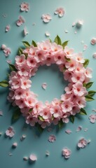 Circle of cherry blossoms wreath on pastel blue background