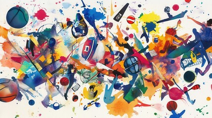 Abstract painting of vibrant sports equipment and energetic figures