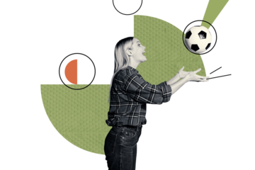 Creative trend collage of young female catch football soccer ball playing have fun freak bizarre unusual fantasy