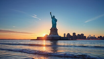 Fototapeta premium Majestic Statue of Liberty at sunrise, a breathtaking view of the iconic landmark against the warm hues of the morning sky.