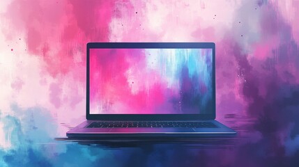 Open laptop displaying vibrant abstract art in digital setting