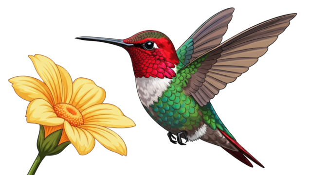 A vibrant ruby-throated hummingbird with green and red plumage hovers next to a bright yellow flower with an orange center.