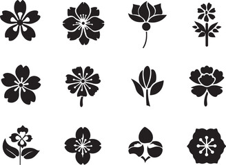 Collection of black flower silhouettes on white background silhouette