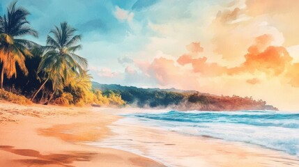 Tranquil tropical beach with palm trees and ocean waves at sunset