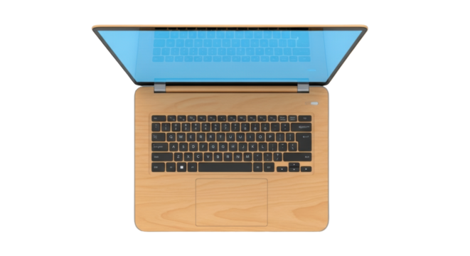 Isolated wooden laptop open view mockup with blue screen for graphic designer and developer