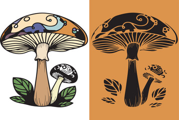 Charming colorful mushrooms, painted with intricate designs, standing tall and vibrant