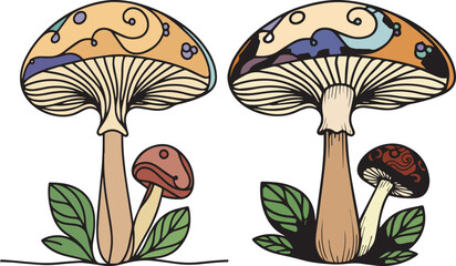A pair of colorful mushrooms like delicate artworks emerging from the ground