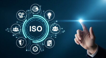 Hand Touching Futuristic ISO Certification Interface with Glowing Blue Technology Icons