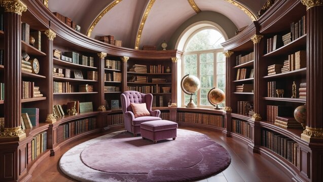 A luxurious library with a curved bookcase filled with antique books, a plush purple armchair, and a large window with two globes. Perfect for reading and contemplation. - Powered by Adobe
