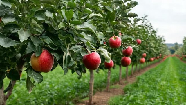 Lush orchard filled with ripe red fruit hanging from trees, surrounded by vibrant greenery and rows