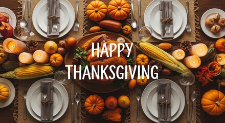 Happy Thanksgiving dinner table with roasted turkey and festive food