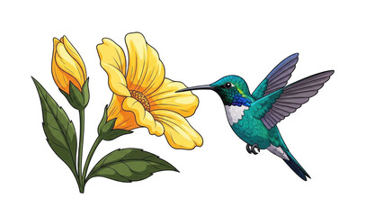 Obraz premium A vibrant illustration of a hummingbird gracefully feeding on a bright yellow flower, showcasing nature's beauty.