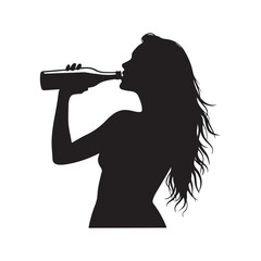 Black and white silhouette woman drinking from a bottle her lips