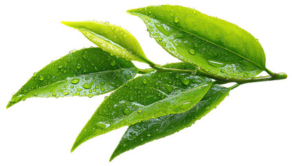 Obraz premium Branch of lush green leaves, glistening with water droplets, isolated on black background