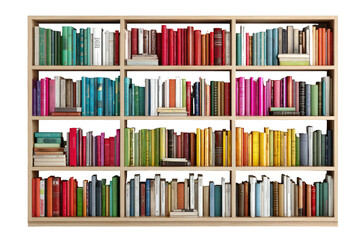 Wooden bookcase filled with a diverse collection of books in various sizes and vibrant colors