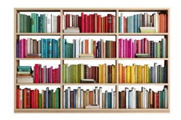 Wooden bookcase filled with a diverse collection of books in various sizes and vibrant colors