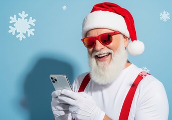 Modern Santa Claus using smartphone with red sunglasses and snow background