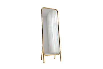 A tall, freestanding mirror with a gold-toned frame, reflecting a sheer white curtain