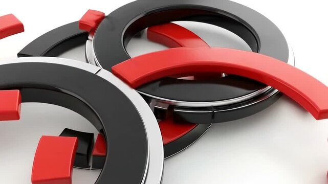 Abstract composition of interlocking circular shapes in red and black