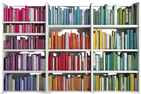 A full white bookshelf displaying a rainbow of colorful book spines, organized by hue