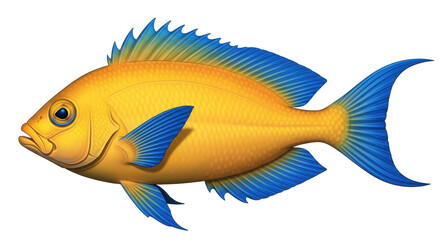 Isolated tropical fish with vibrant blue fins and yellow body in a detailed illustration