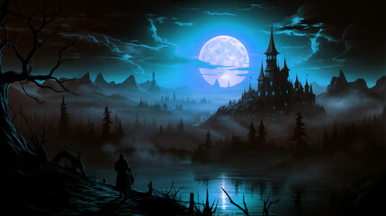 Dark landscape with a large glowing moon in the sky casting a cold light over the scene with a silhouette of a person stands near a river and a distant castle on a hill surrounded by trees