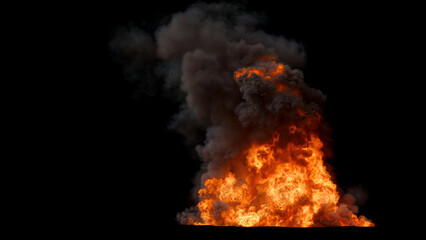 Large intense Fire with dark and dense Smoke rising into the air with Bright and Chaotic Flames showing Intense Burn on a Black Background