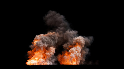 Two Isolated large fiery blasts with intense orange and yellow flames surrounded by dark grey smoke rising into the air on a black background