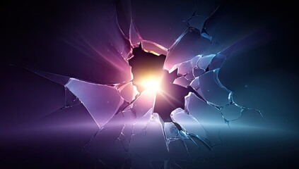 A hole bursts through shards of iridescent glass, revealing a bright, radiant light source