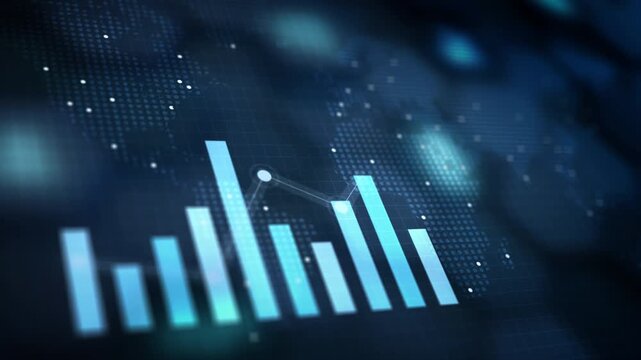Bar and line graphs overlaying world map showing financial investment trend. 4k resolution panning animation