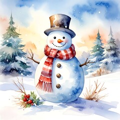 Watercolor snowman with hat and scarf in winter landscape