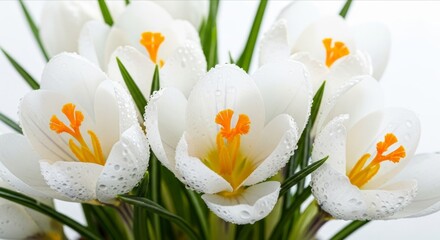 White Crocus Flowers with Dew Drops in Spring Bloom