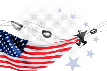 Creative collage poster banner of flying girl with american flag on white color background