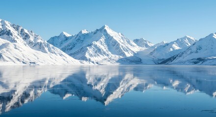 Snow-covered mountains reflecting on a calm icy lake.