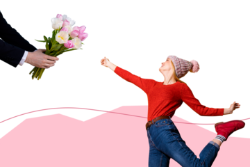 Composite photo collage of happy girl wear hat jump receive tulip bouquet hand make present spring holiday isolated on painted background