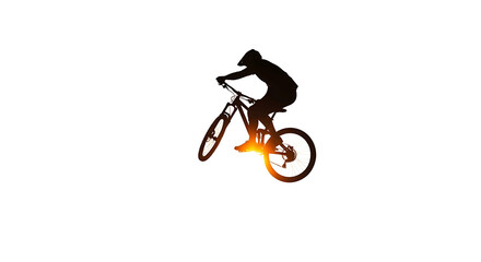 Fototapeta premium Dynamic silhouette of a mountain biker jumping with a vibrant sun flare through the rear wheel on a white background.