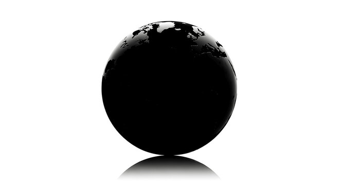 Black Glossy Globe Earth with Visible Continents on White Background and Reflection