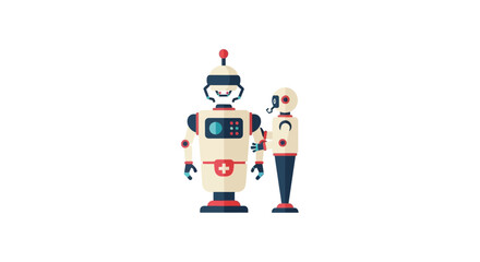 Robotic assistance: Two retro-style robots standing together symbolising innovation and technology