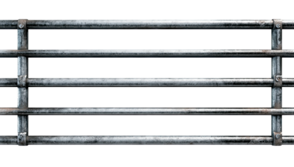 A detailed, horizontal view of a metal gate with horizontal bars, isolated on a black background
