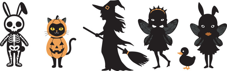 Halloween cartoon characters, bunny skeleton, pumpkin cat, witch silhouette, fairy wings, spooky costumes, cute animal, festive vector illustration, holiday theme
