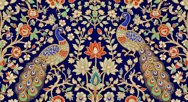 Seamless pattern of royal zardozi embroidery for textiles with elegant peacocks and flowering tree motifs