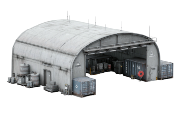 A low-angle shot of a large, weathered industrial warehouse, with a curved roof, and containers