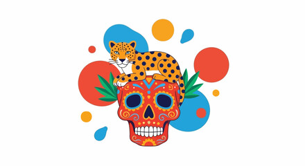Vibrant illustration of a jaguar atop a colorful sugar skull with geometric shapes around it