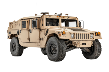 A tan-colored military-style utility vehicle, featuring large tires and antennas, isolated on black