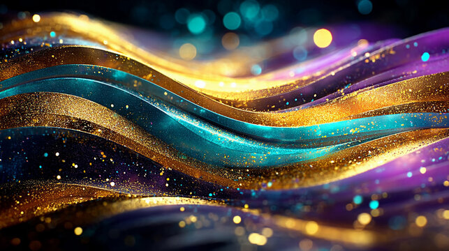 Glitter Gold Colorful Wave Stripes Banner Design. Shiny moving lines design element with bokeh effect background