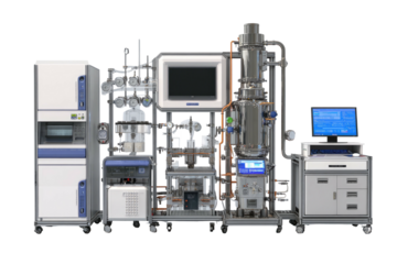 Complex laboratory system with numerous components and electronic displays