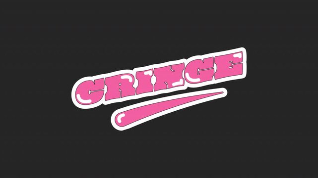 Animated word cringe in retro pink bubble letters. Gen z awkward lingo. Dislike, ugh. Meme reaction. Glossy text reveal animation inside white silhouette outline with underline swoosh on black