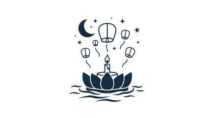Loi Krathong night illustration featuring a lotus candle and floating lanterns in the sky