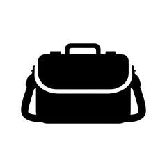 Black briefcase icon, business bag, portfolio, satchel or shoulder case symbol. Flat vector illustration for document, work, travel, luggage design