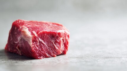 Blurred neutral background with soft warm tones, fresh raw beef steak on wooden board, highlighting marbling texture, minimal composition with copy space.